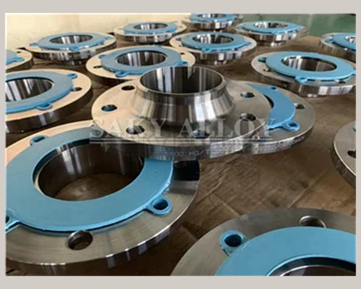 Titanium weld neck flanges with protective blue gaskets