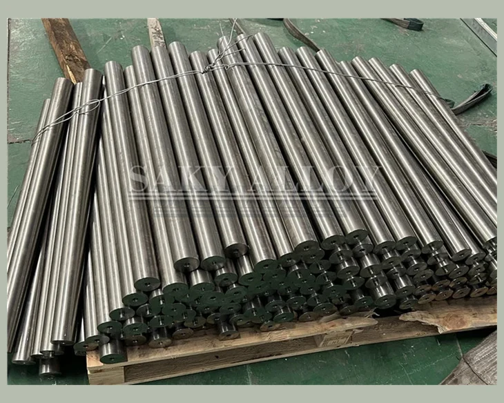 Bundled titanium round bars on a wooden pallet