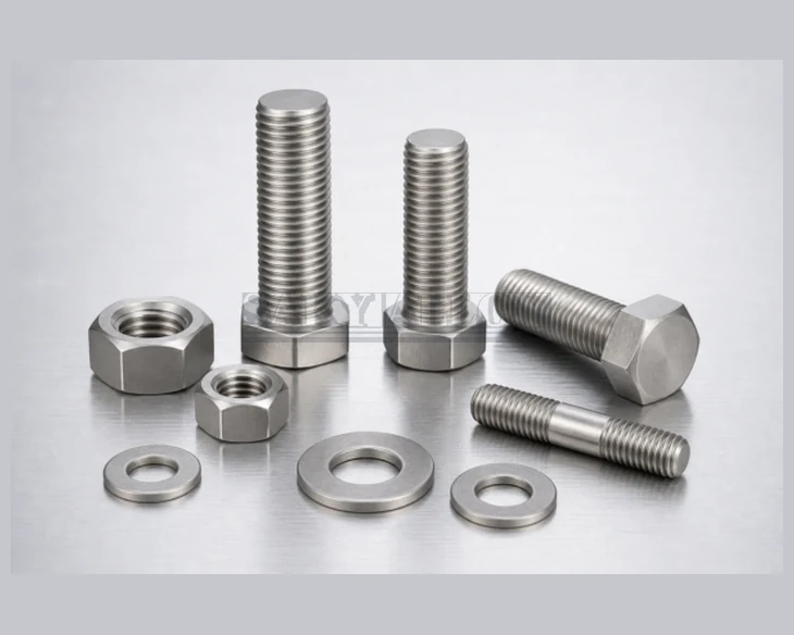 Titanium hex bolts, nuts and washers arranged by size