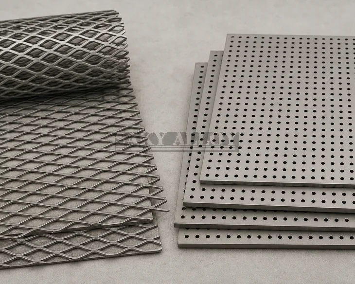 Titanium expanded metal mesh and perforated sheet samples