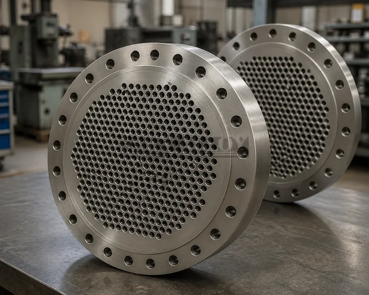 Machined titanium tube sheets with drilled tube-hole pattern