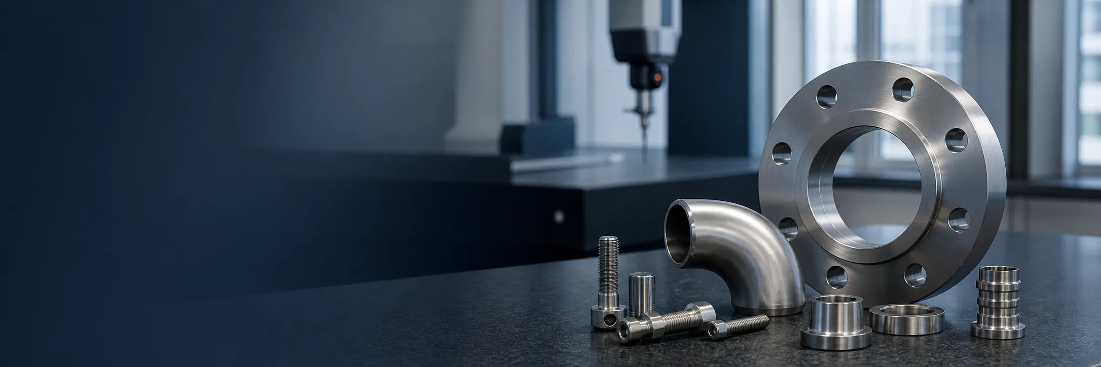 Titanium flange, fitting, fasteners and precision-machined components under inspection